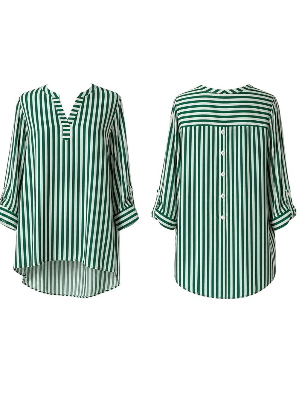 Jane + Delancey Kelly Green White Stripe Tunic Blouse 2X Tab Sleeve High Low Top